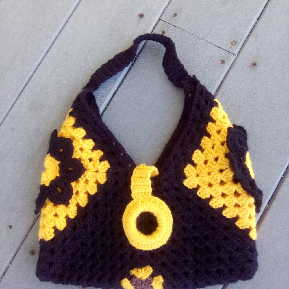 Chic Black and Yellow Crochet Shoulder Bag